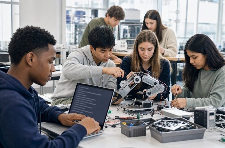 A diverse group of students working together to build and program a robotic arm in a bright classroom lab
