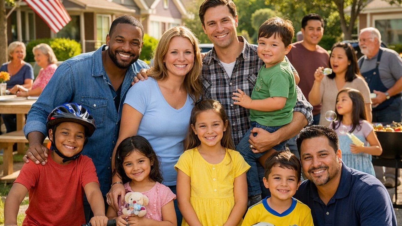A diverse, multigenerational group of neighbors and families gathered together at a community event beneath an American flag