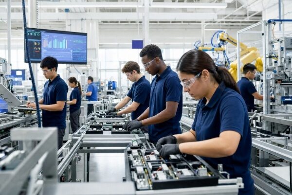 Workers assembling and testing electronic components on a modern advanced-manufacturing line